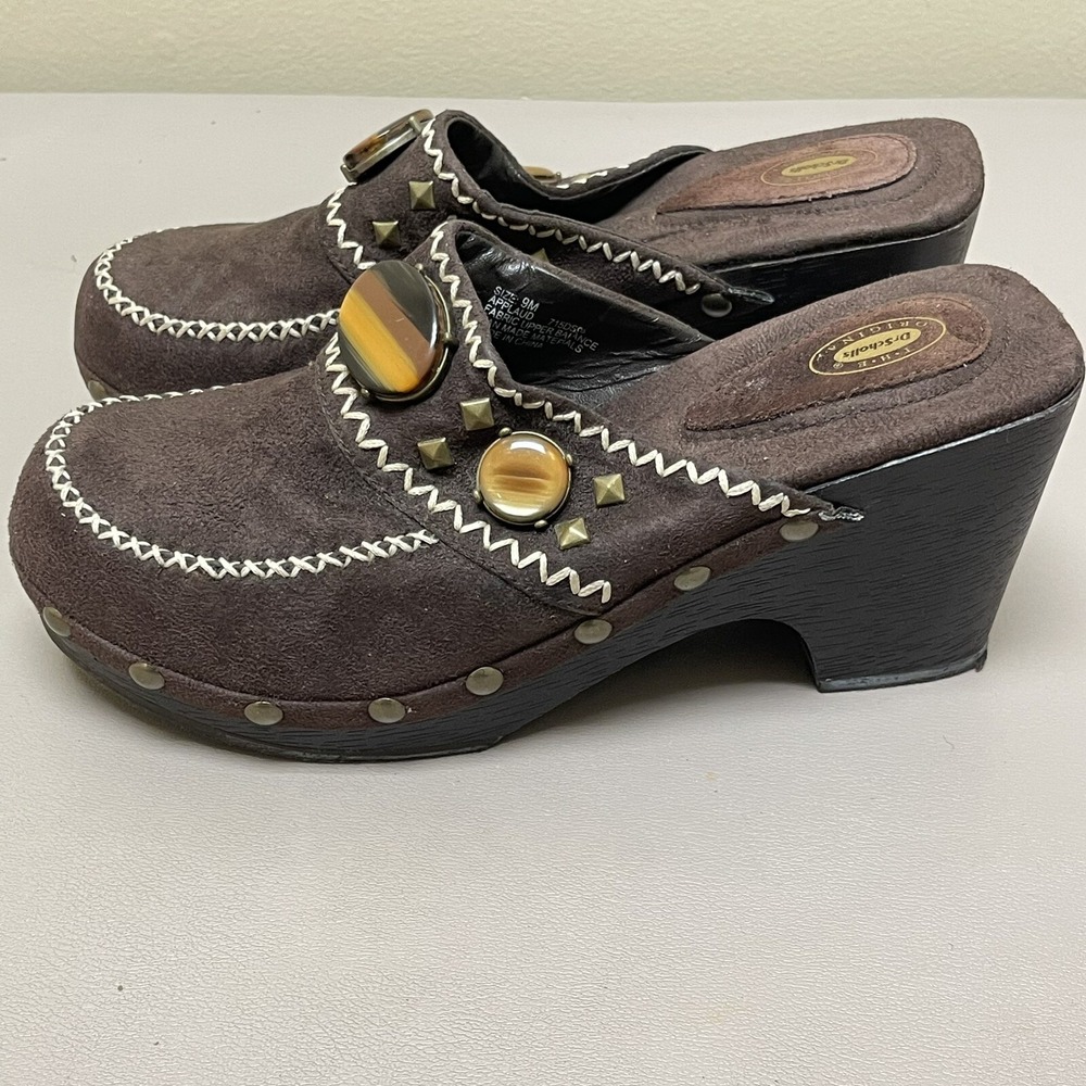 Dr Scholls Applaud Clogs Y2K Chunky Platform Shoes Women 9 Brown Slip On Studded